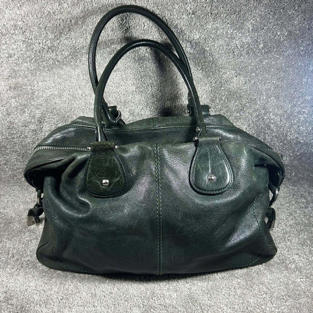 Tods Satchel Bag Green Pebbled Leather‎ Made in Italy Womens Medium Size